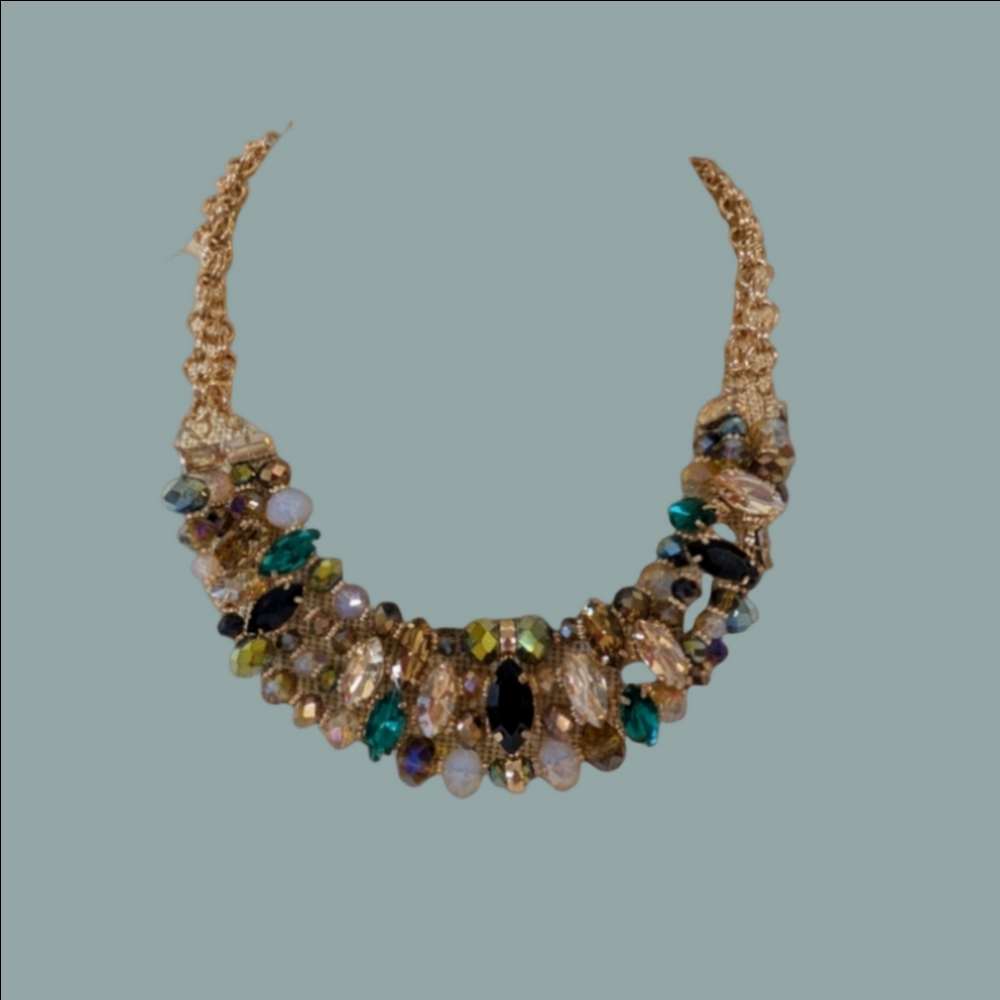 Necklace Statement Bib StatemeStyle Rhinestone Green, Gold And Bronze Gold Chain - Picture 1 of 4